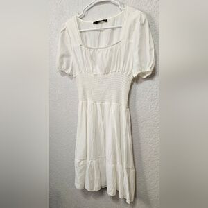 HESPERUS White Casual Mini Dress with Puff Sleeves and Square Neck